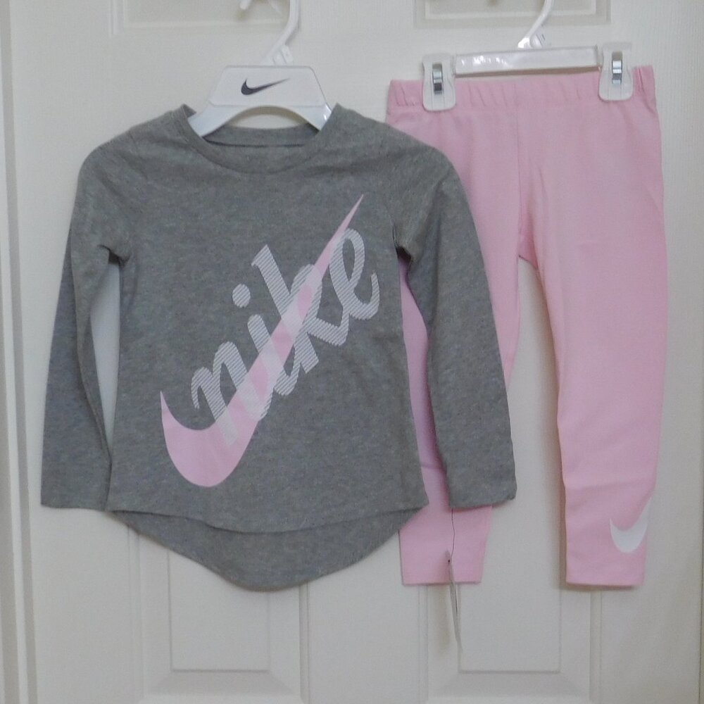 NWT 2pc Nike Gray White Pink Swoosh Top & Pink Leggings Set sz 6